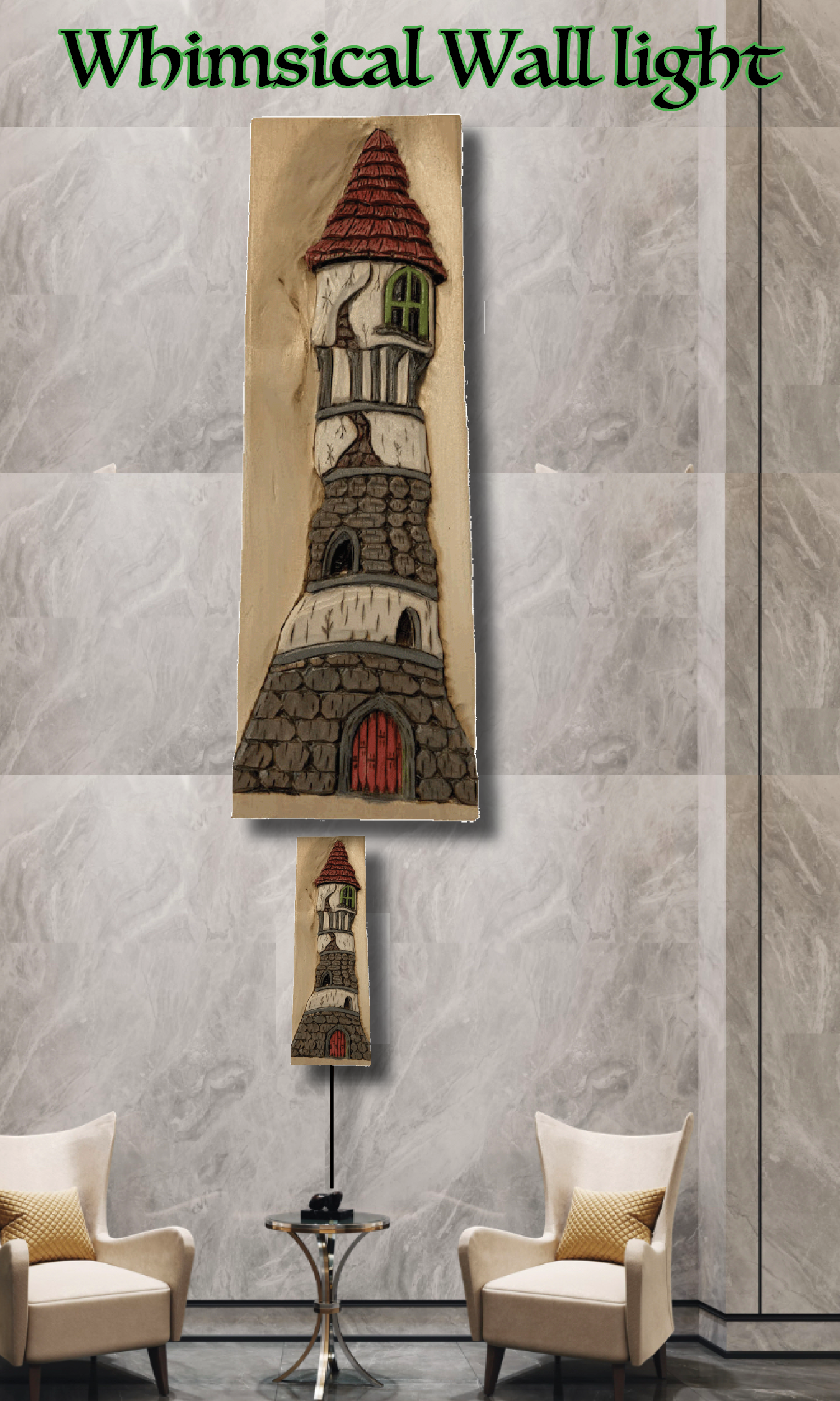 Whimsical Tower LED light, hand-carved and hand-painted 